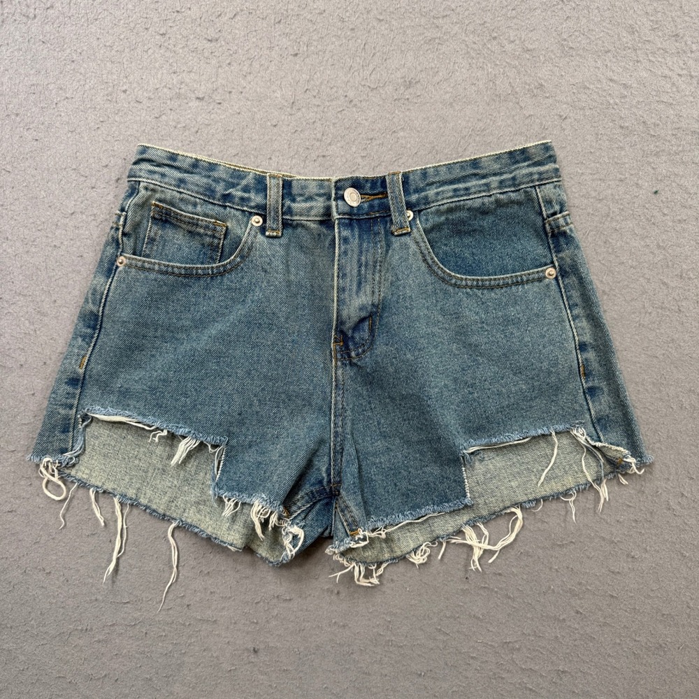 Y2K Cut Off Jean Shorts Womens Large Blue High Rise Distressed Streetwear Summer
